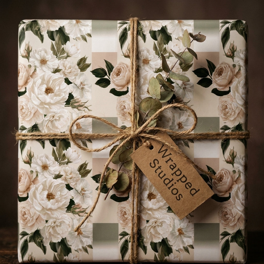Vintage floral wrapping paper in sage green and cream with rustic twine bow by Wrapped Studios.