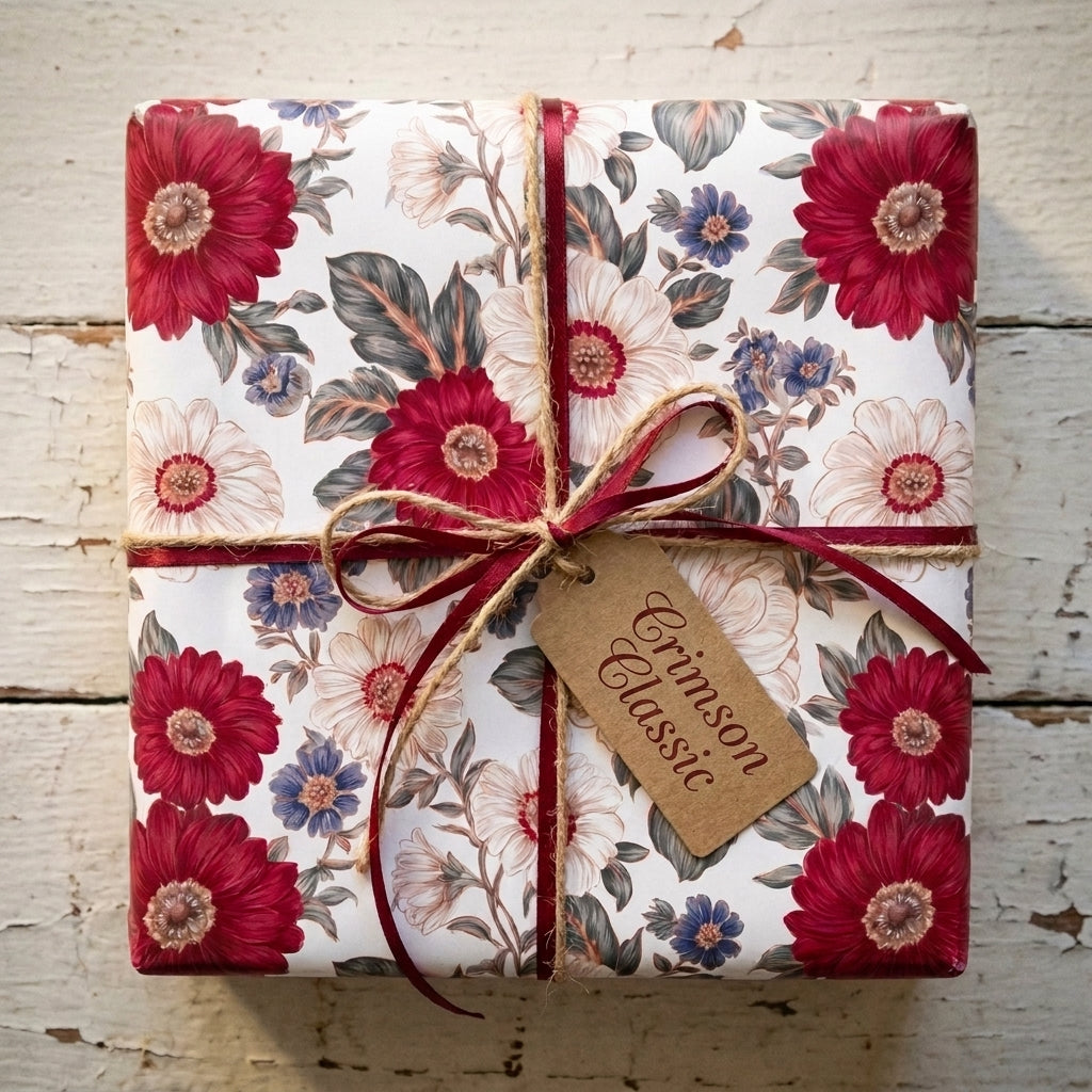 Vintage floral wrapping paper in crimson red and cream, tied with ribbon and twine, by Wrapped Studios.