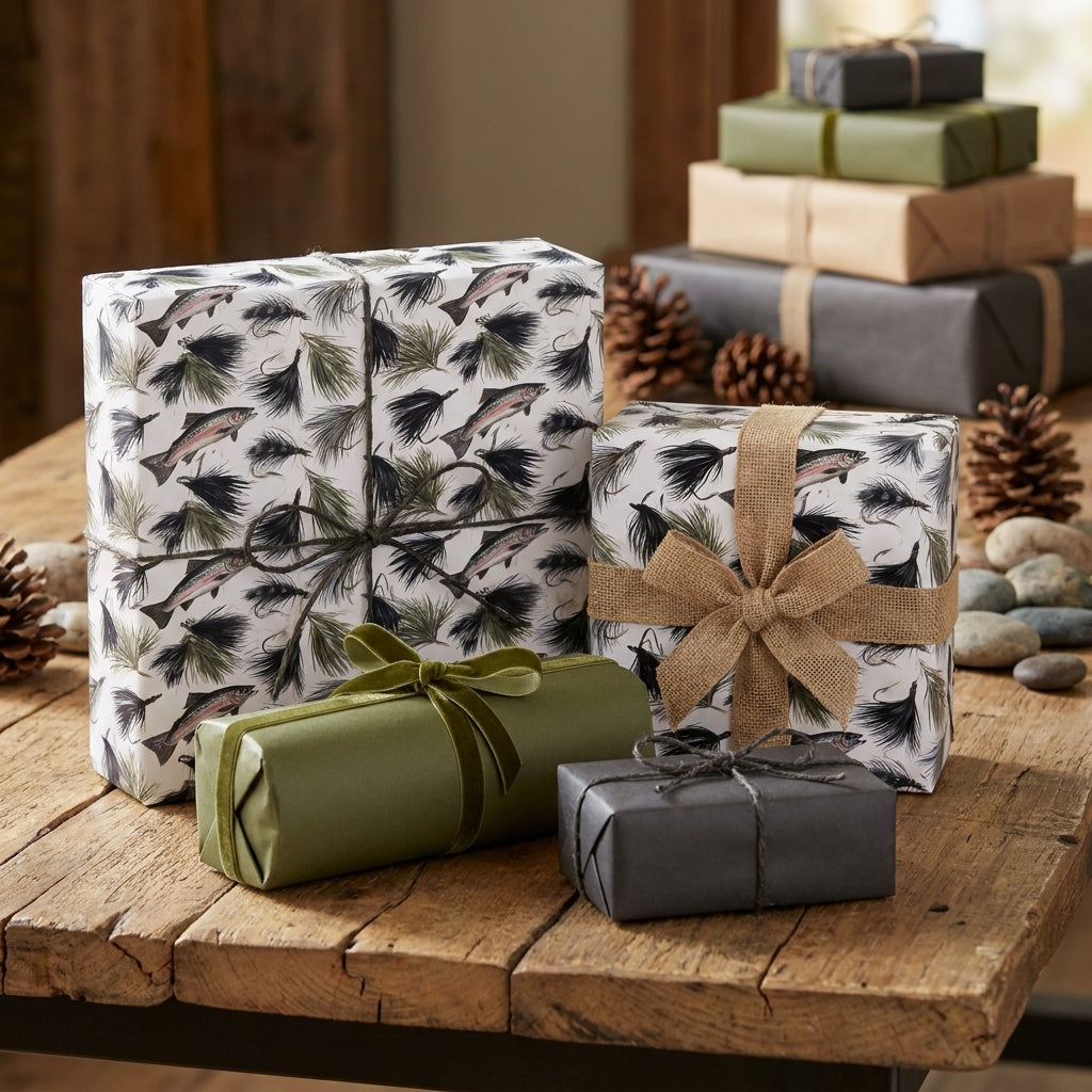 Rustic fly fishing wrapping paper with trout pattern and burlap bow by Wrapped Studios.