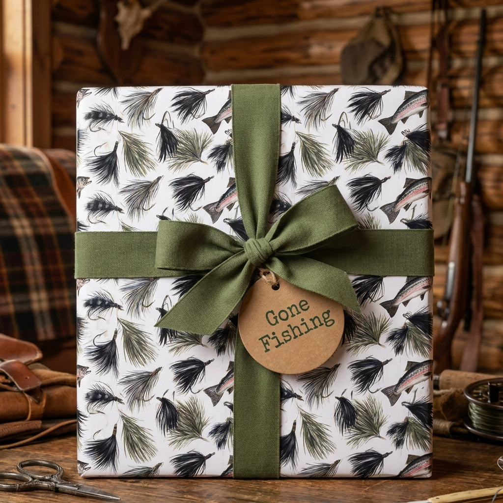 Fly fishing wrapping paper with trout, olive ribbon, and Gone Fishing tag by Wrapped Studios.