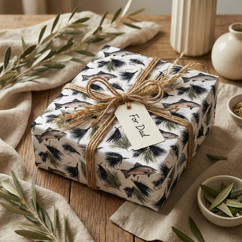 Fly fishing wrapping paper with a trout pattern on a rustic Father’s Day gift, by Wrapped Studios.
