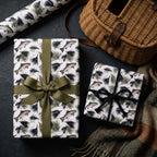 Rustic fly fishing wrapping paper with trout pattern on gifts with green ribbon by Wrapped Studios.