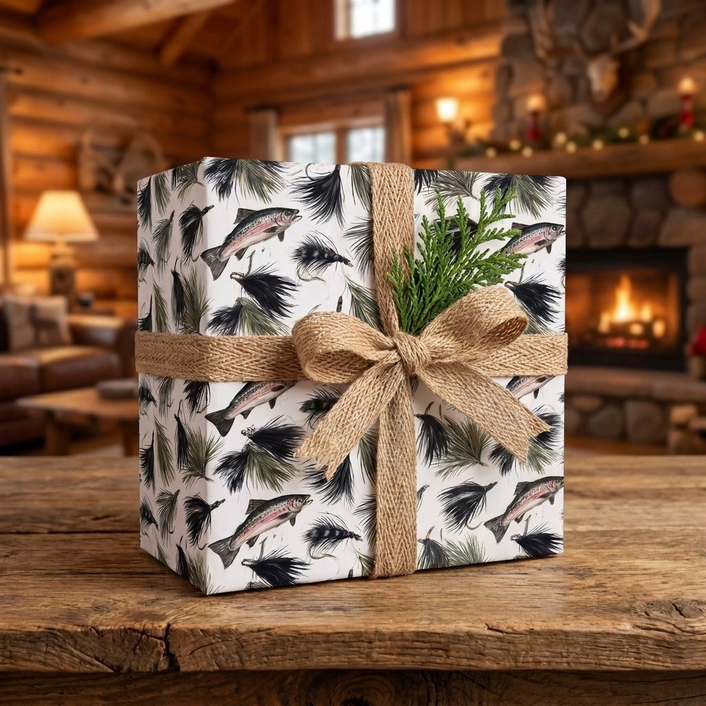 Rustic trout fishing wrapping paper with a burlap bow in a cozy cabin by Wrapped Studios.