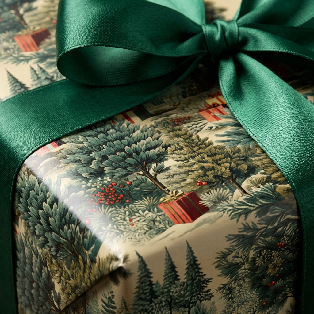 Close-up of a gift wrapped in forest-themed Christmas wrapping paper with a dark green satin ribbon.
