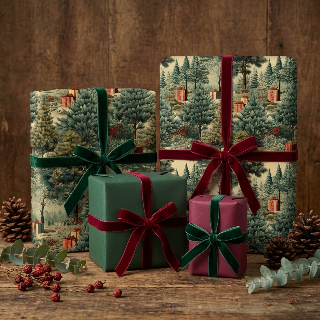 Elegant Christmas gift wrap featuring a forest scene with red velvet ribbons.