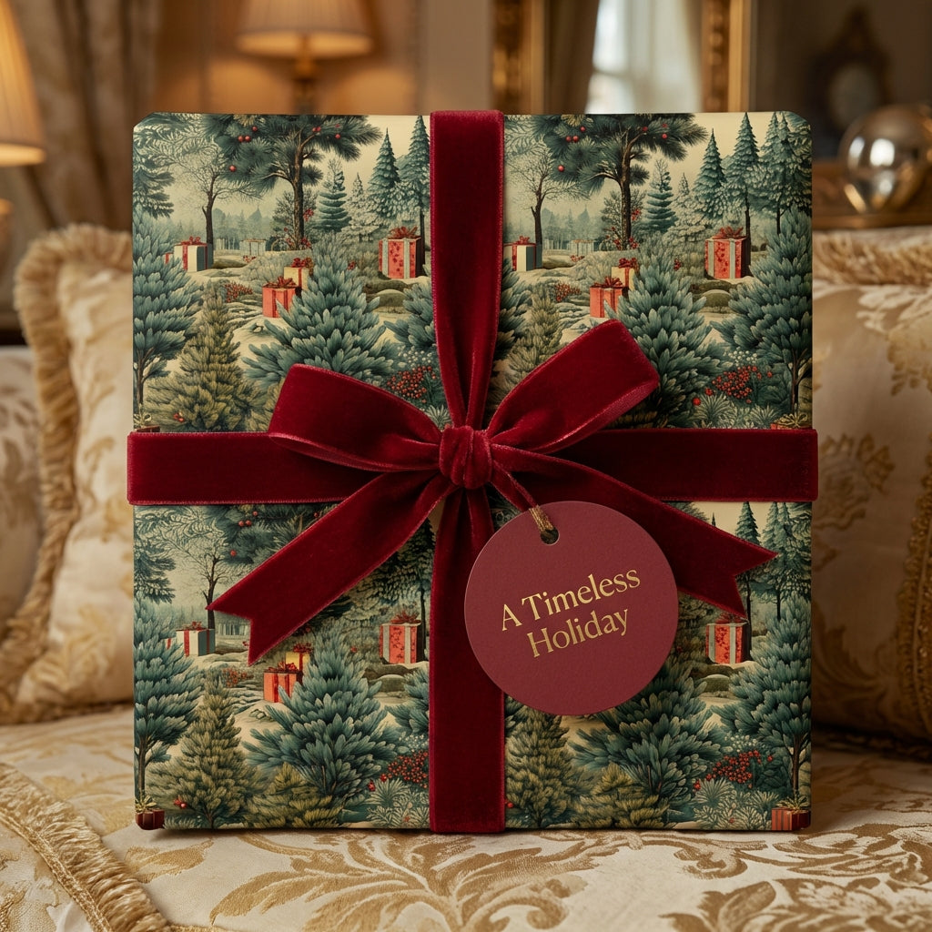 Elegant Christmas gift wrapped in forest scene wrapping paper with red velvet ribbon.