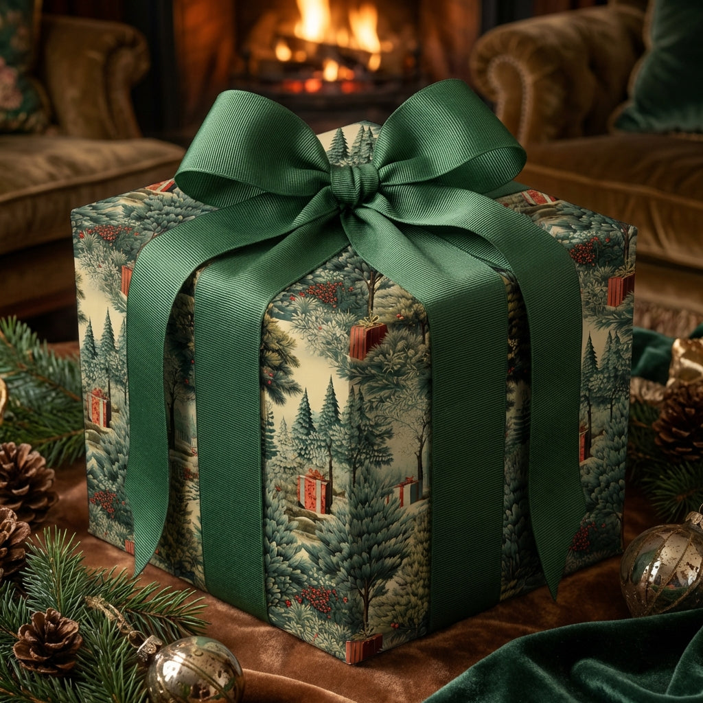 Elegant Christmas gift wrapped in forest-themed wrapping paper with a green ribbon bow, with pinecones and ornaments nearby.