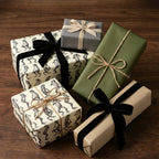Gifts wrapped in assorted paper; frog pattern, olive green, tan, gray with velvet and twine bows.
