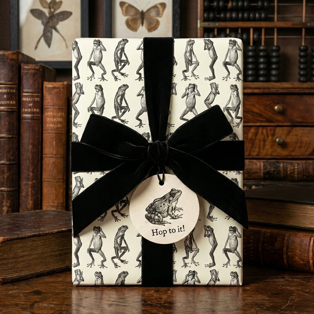 Gift wrapped in novelty frog print paper with a black velvet bow and "Hop to it!" tag.