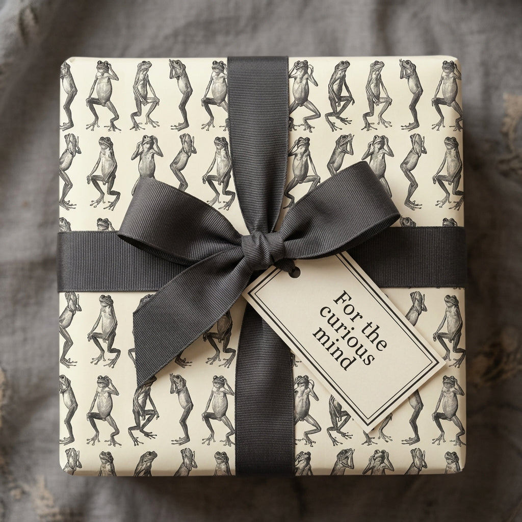 Square gift wrapped in frog-patterned paper with a gray ribbon and a tag that says "For the curious mind".