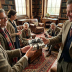 Family exchanging gifts wrapped in penguin-patterned paper with a grey ribbon in a stately home.