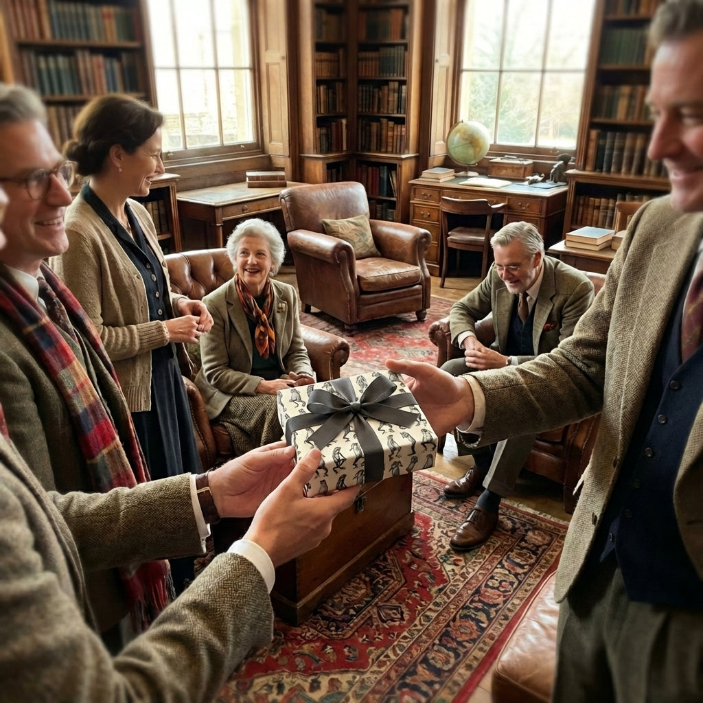 Family exchanging gifts wrapped in penguin-patterned paper with a grey ribbon in a stately home.