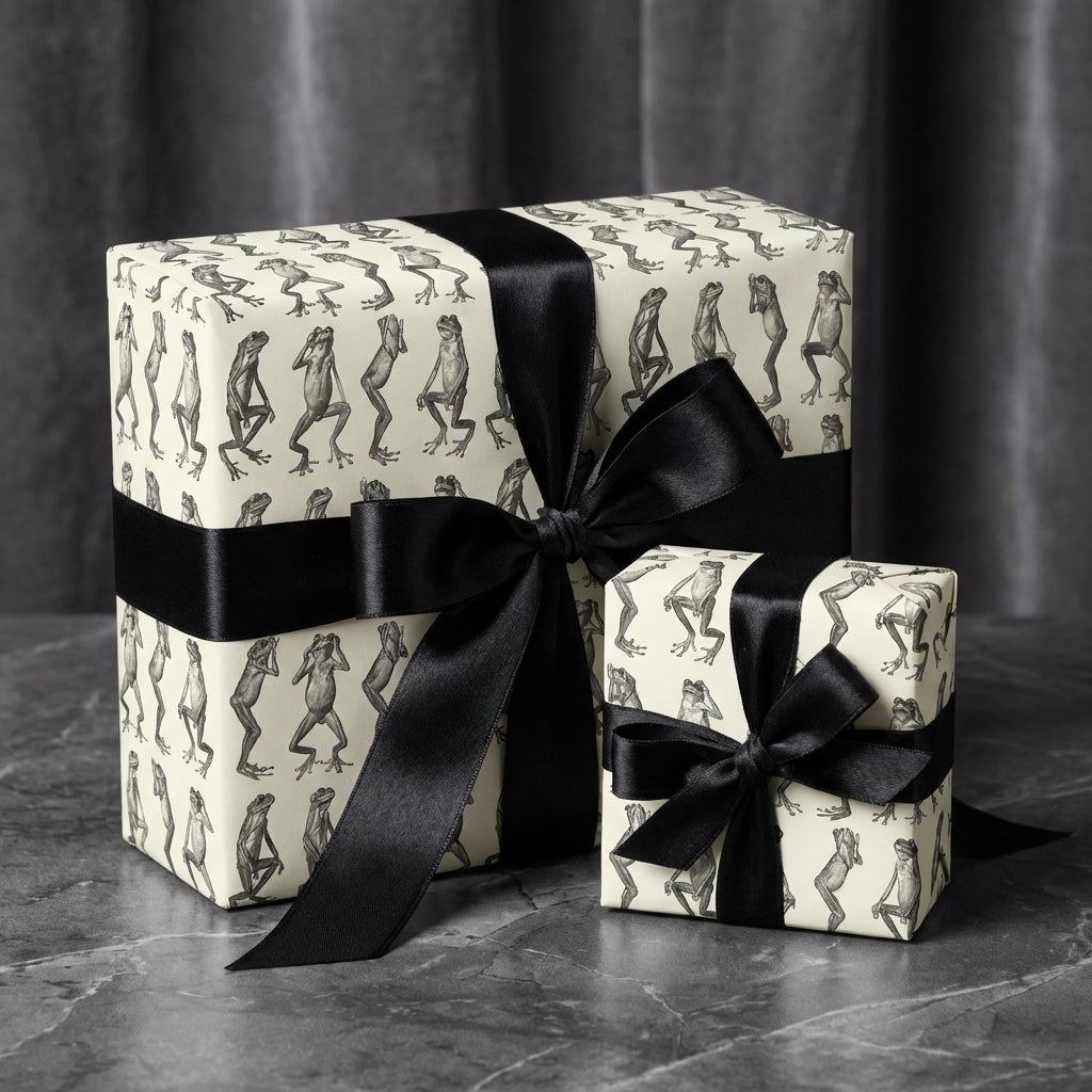 Two gift boxes wrapped in funny frog print paper with elegant black satin bows.