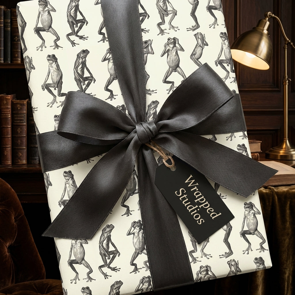 Unique gift wrapped in whimsical frog pattern paper with gray satin ribbon, perfect for any occasion.