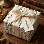 Square gift wrapped in quirky frog print wrapping paper with a beige ribbon and "A Tiny Leap" tag.