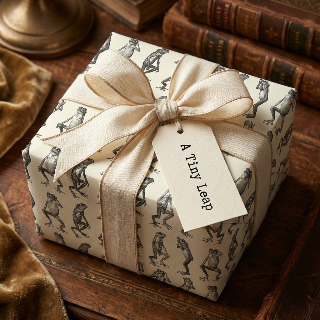 Square gift wrapped in quirky frog print wrapping paper with a beige ribbon and "A Tiny Leap" tag.