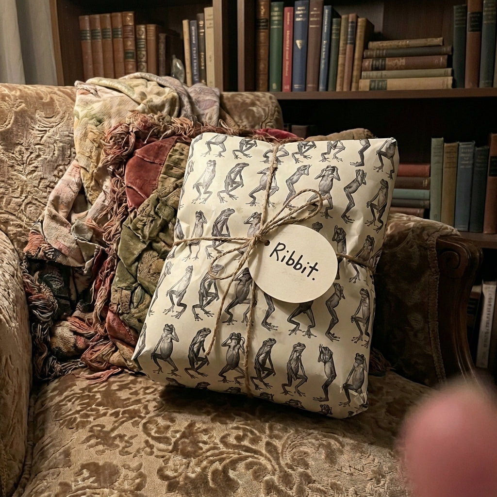 Gift wrapped in whimsical frog print wrapping paper with twine, on an antique velvet chair next to a bookshelf.