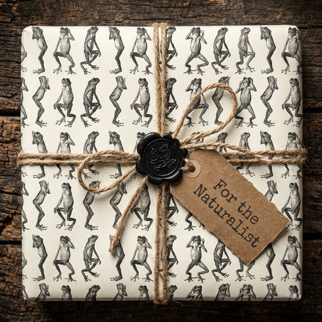 Gift wrapped in novelty frog print wrapping paper with twine, wax seal, and "For the Naturalist" tag.