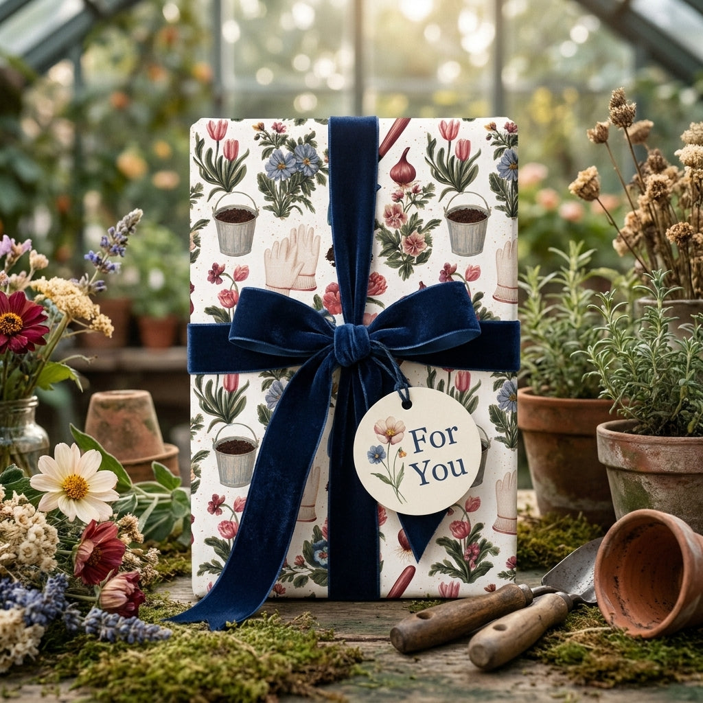 Floral botanical wrapping paper with navy velvet ribbon in a garden greenhouse by Wrapped Studios.