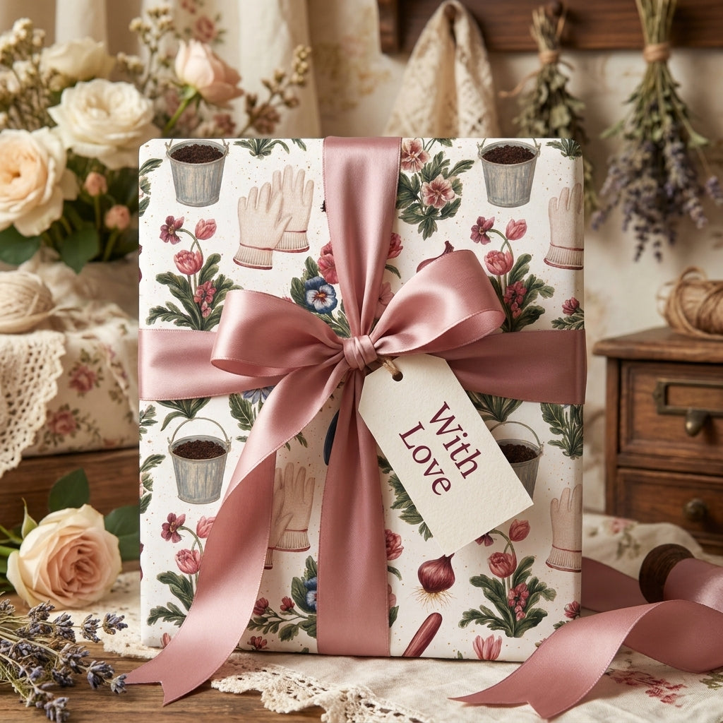 Gardening floral wrapping paper with dusty rose ribbon and "With Love" tag by Wrapped Studios.