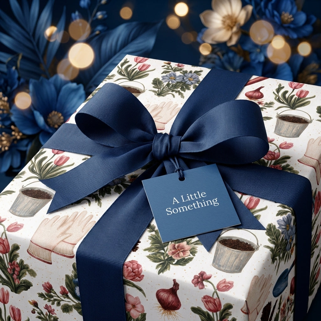 Gardening floral wrapping paper with a luxury navy blue ribbon and gift tag by Wrapped Studios.