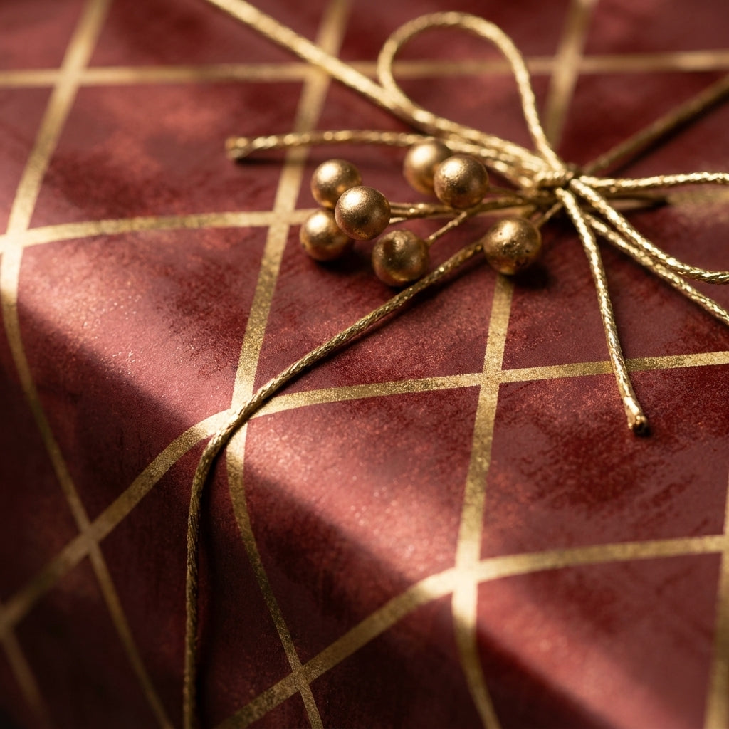 Luxury red and gold Christmas wrapping paper with a diamond pattern and bow by Wrapped Studios.