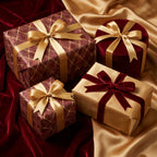 Luxury burgundy and gold Christmas wrapping paper with elegant satin ribbons, by Wrapped Studios.