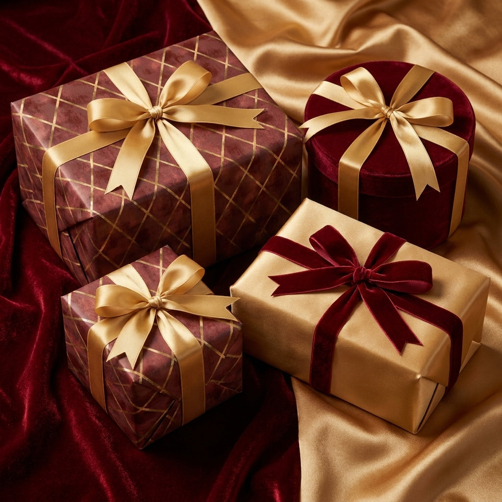 Luxury burgundy and gold Christmas wrapping paper with elegant satin ribbons, by Wrapped Studios.