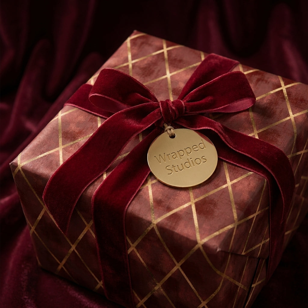 Luxury burgundy Christmas wrapping paper with gold lattice design and velvet bow by Wrapped Studios.