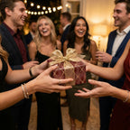 Burgundy and gold geometric luxury gift wrap with a sparkly bow at a party by Wrapped Studios.