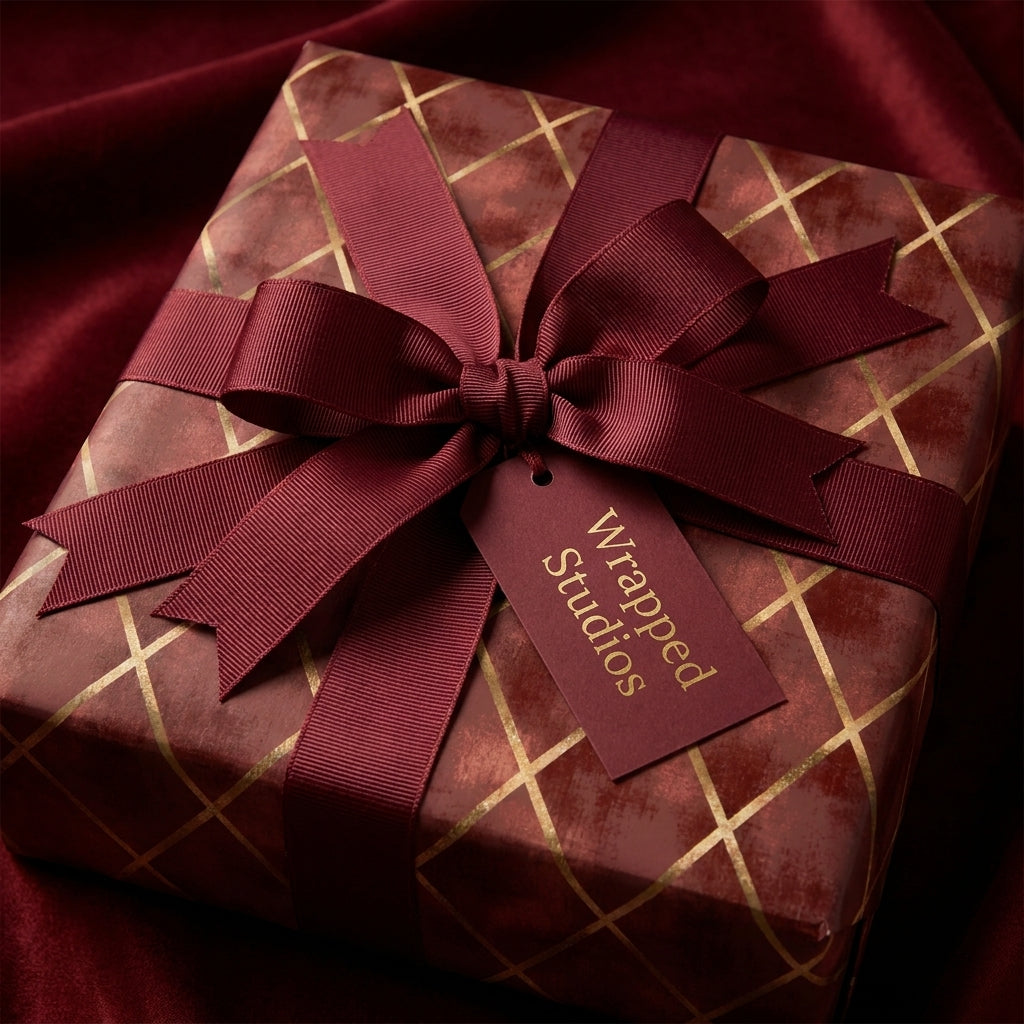 Luxury burgundy wrapping paper with gold lattice pattern and elegant ribbon bow by Wrapped Studios.