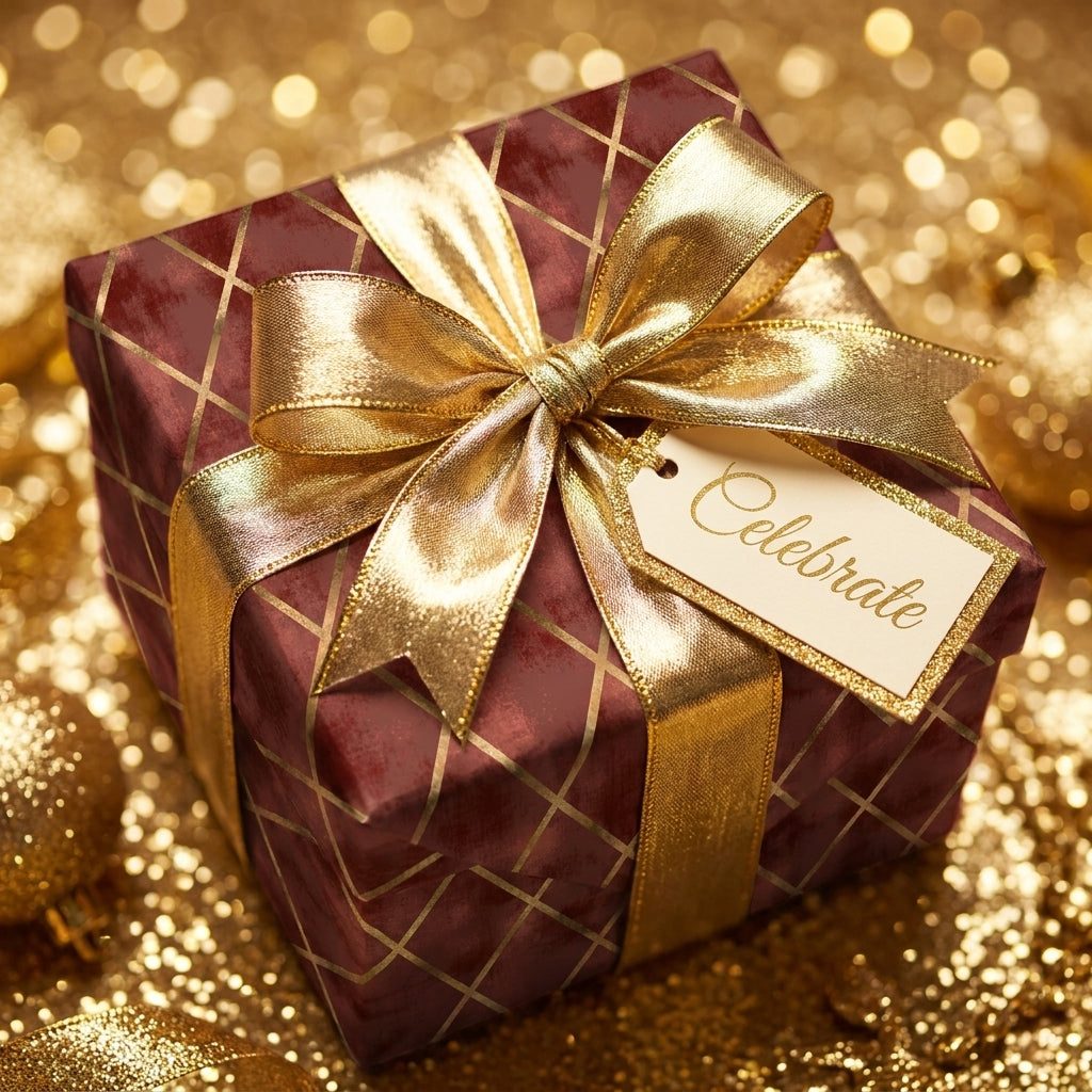 Burgundy and gold luxury gift wrap with geometric lines and a metallic gold bow by Wrapped Studios.