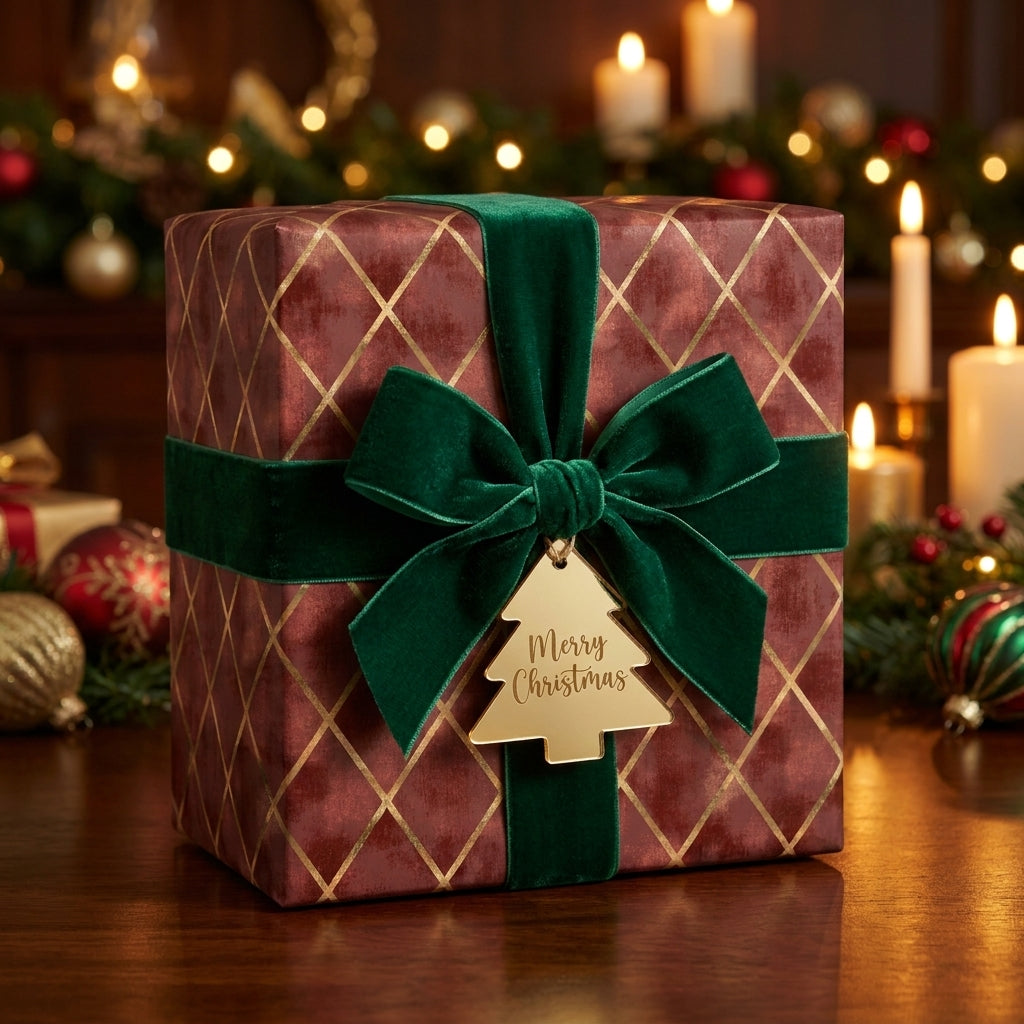 Luxury burgundy gold diamond Christmas wrapping paper with green velvet bow by Wrapped Studios.