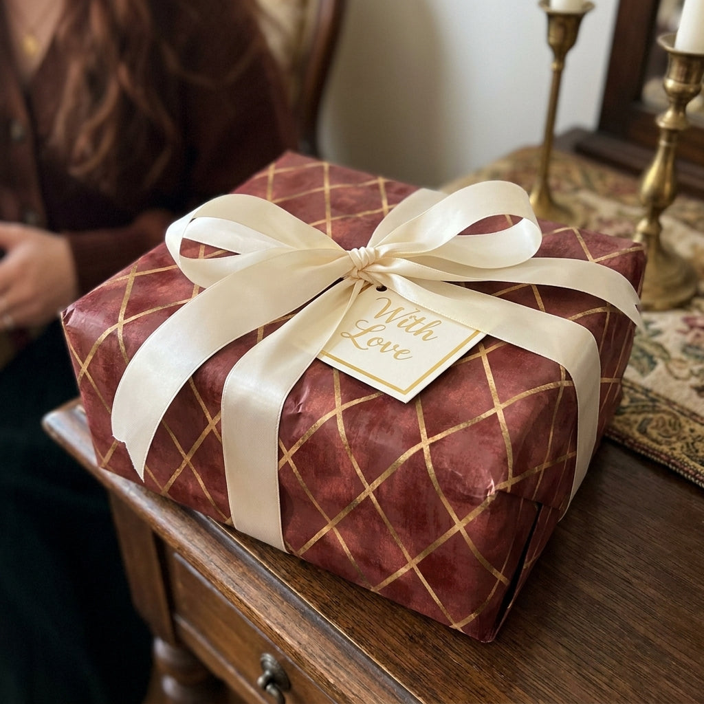 Luxury burgundy and gold Christmas gift wrap with cream bow and "With Love" tag, by Wrapped Studios.