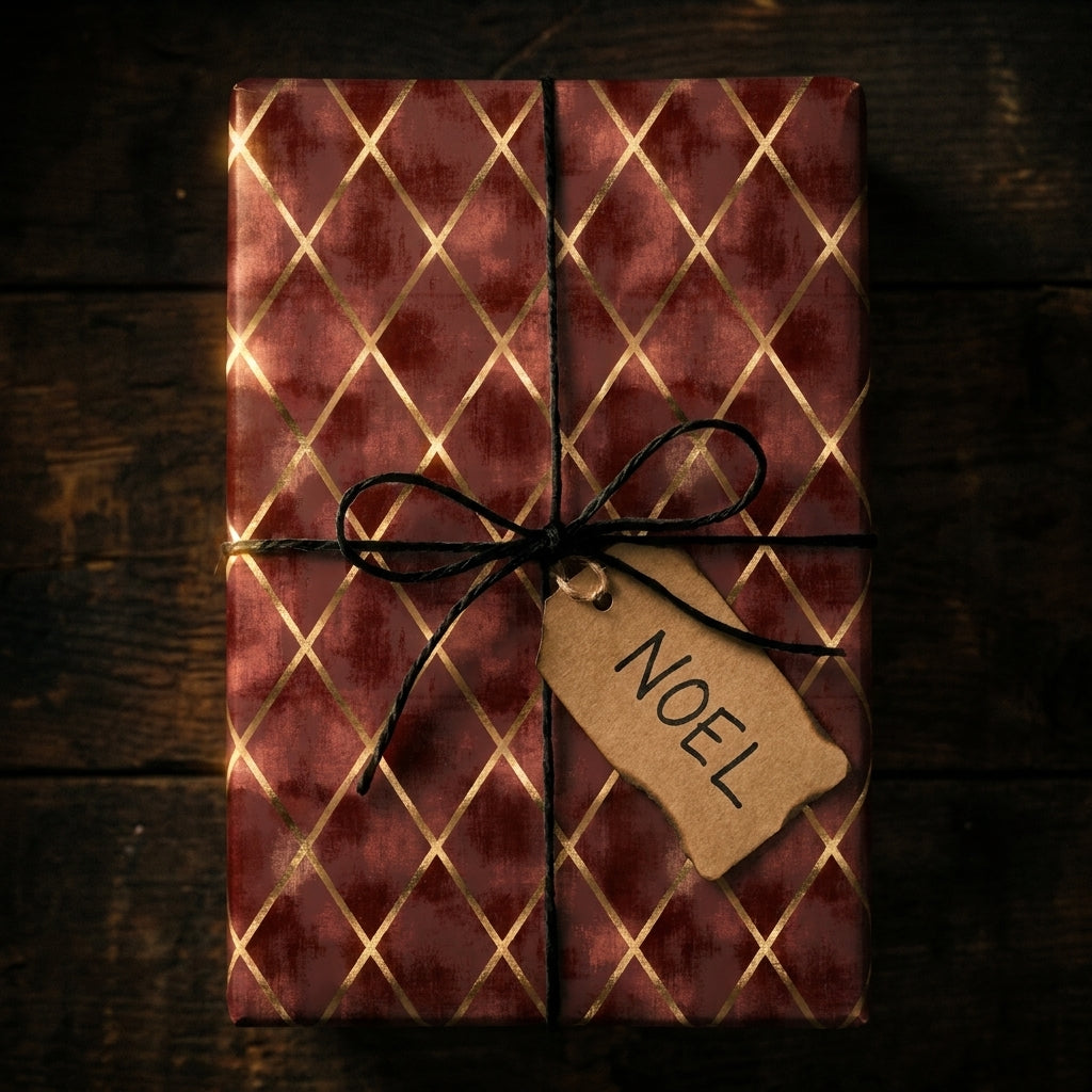 Luxury burgundy and gold Christmas wrapping paper with a Noel tag on rustic wood, by Wrapped Studios.