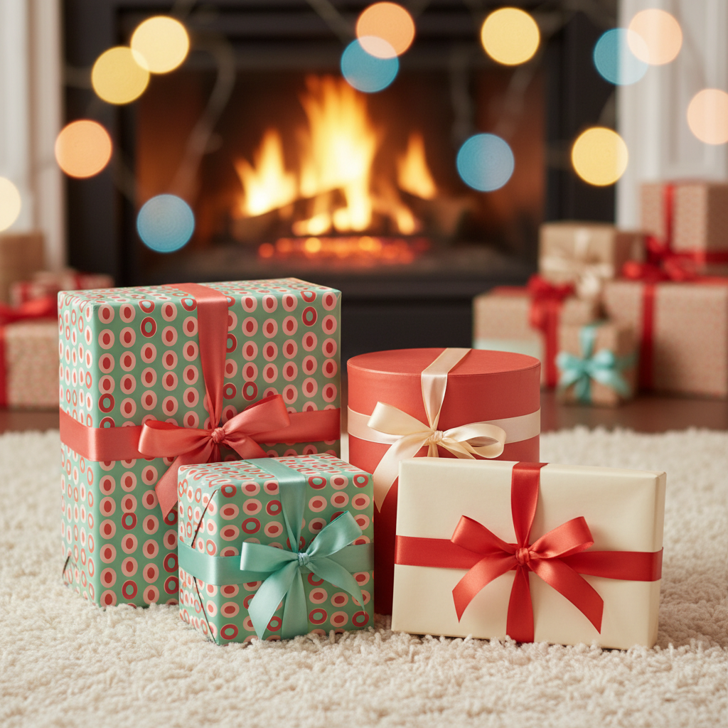 Festive Christmas gifts wrapped in colorful patterns and ribbons sit on a fluffy rug by a warm fireplace with bokeh lights.