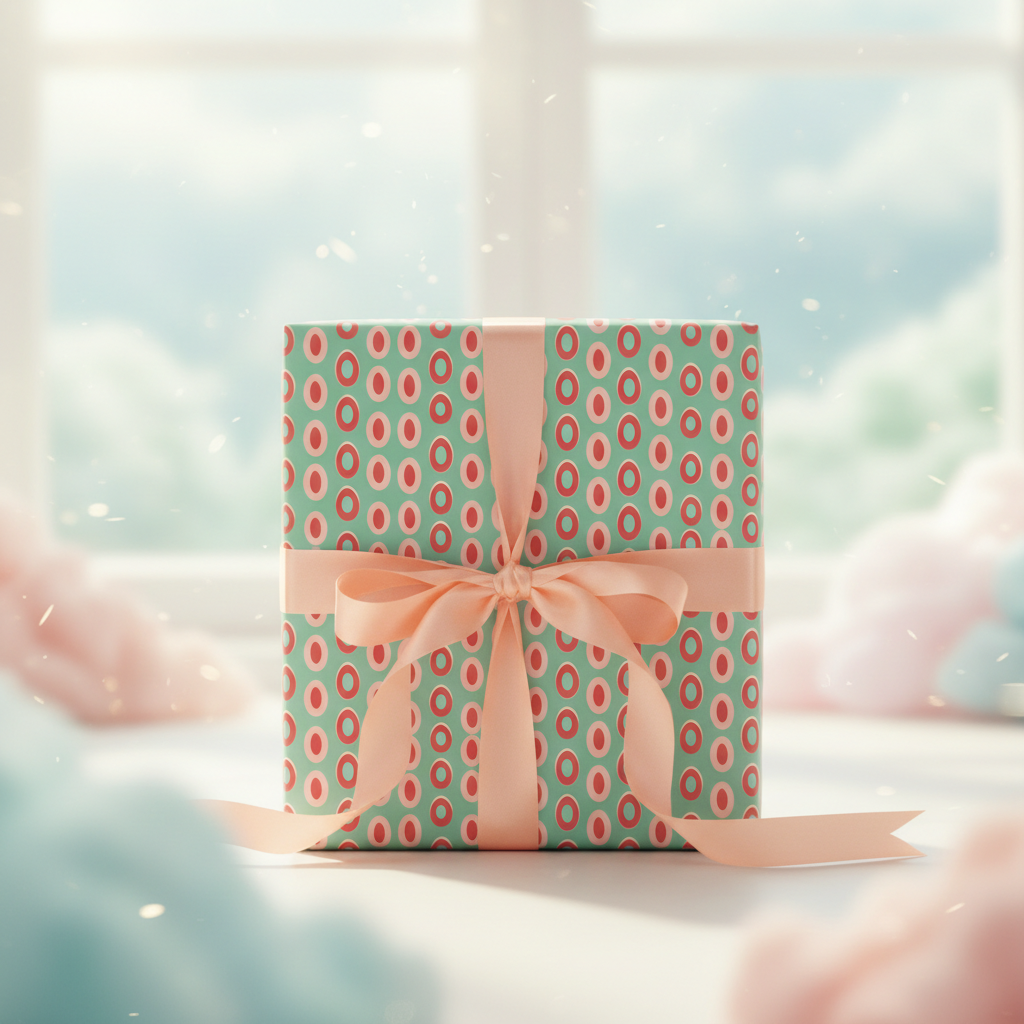 Mid-century modern geometric wrapping paper with red and white ovals on a teal background, tied with a peach satin bow.