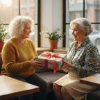 Two happy women exchanging a birthday gift wrapped in modern blue and pink patterned paper with a coral ribbon.