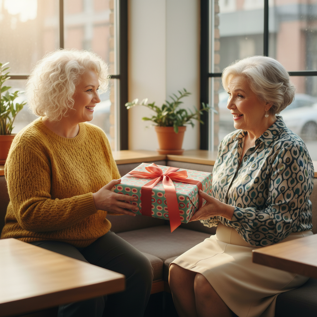 Two happy women exchanging a birthday gift wrapped in modern blue and pink patterned paper with a coral ribbon.