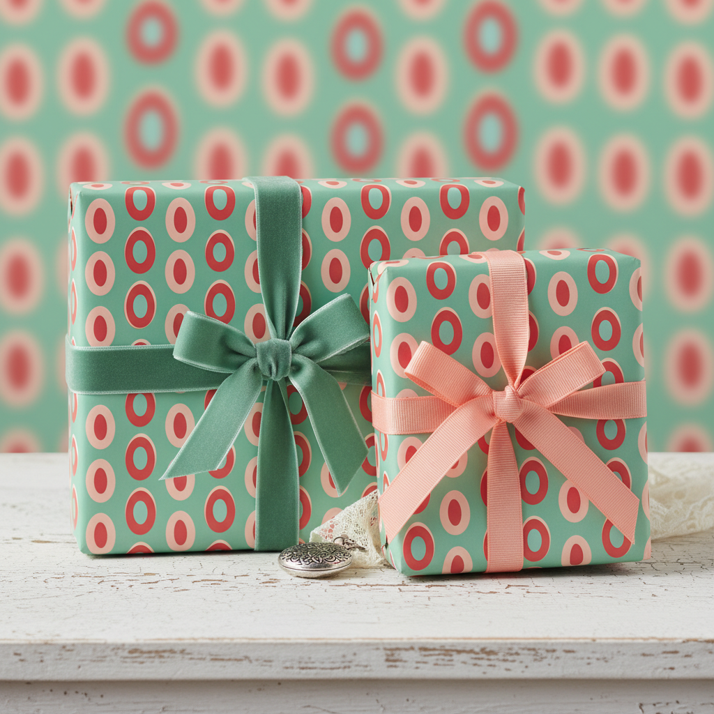 Retro patterned gift wrap in teal, red, and pink with velvet ribbons, perfect for vintage-style birthday or holiday presents.