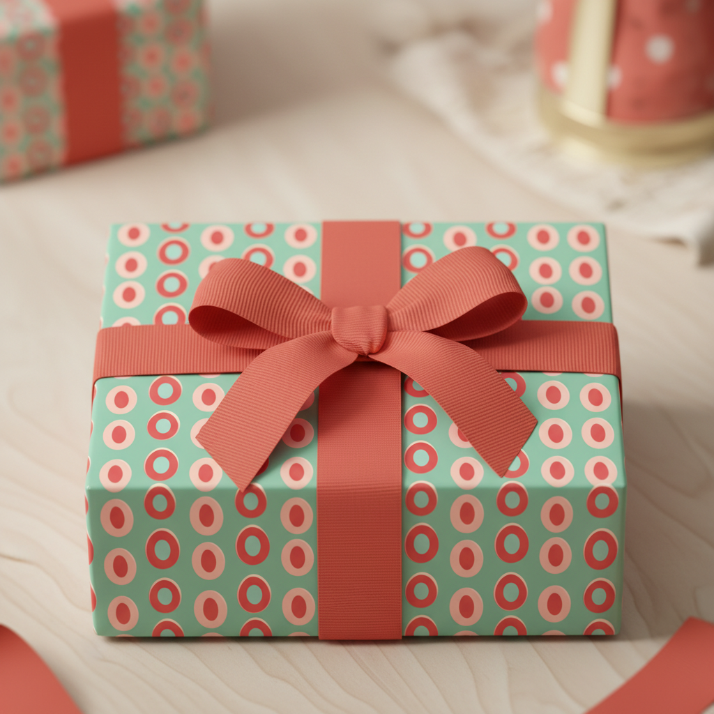 Modern mint green and coral polka dot gift wrap with a coral ribbon bow, perfect for a chic birthday or baby shower present.