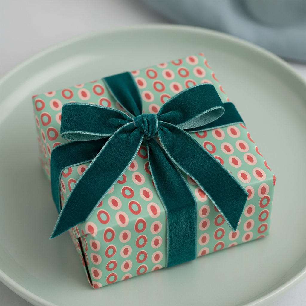 Modern polka dot wrapping paper in teal and coral with a luxurious velvet ribbon bow, perfect for birthday gifts.