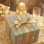 Playful teal and red polka dot birthday wrapping paper with a gold ribbon, surrounded by soft candles and falling confetti.