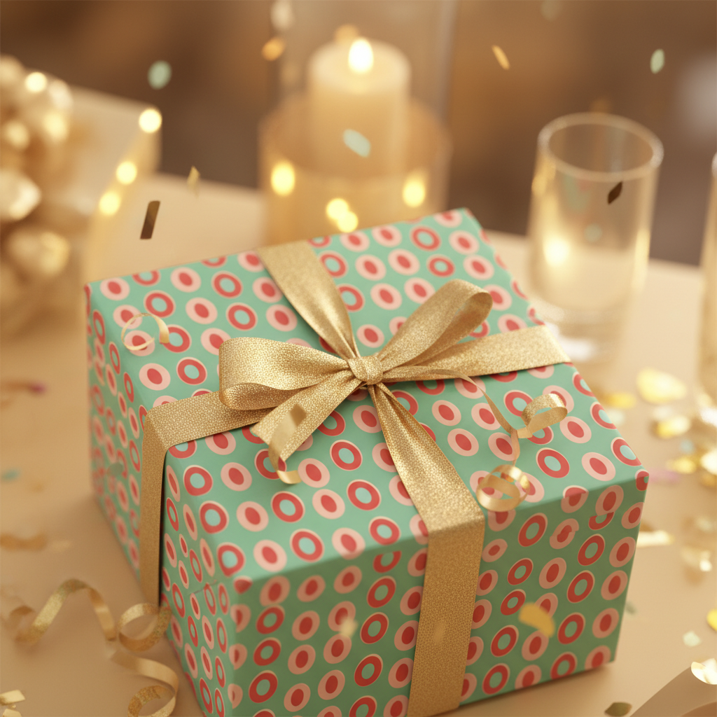 Playful teal and red polka dot birthday wrapping paper with a gold ribbon, surrounded by soft candles and falling confetti.