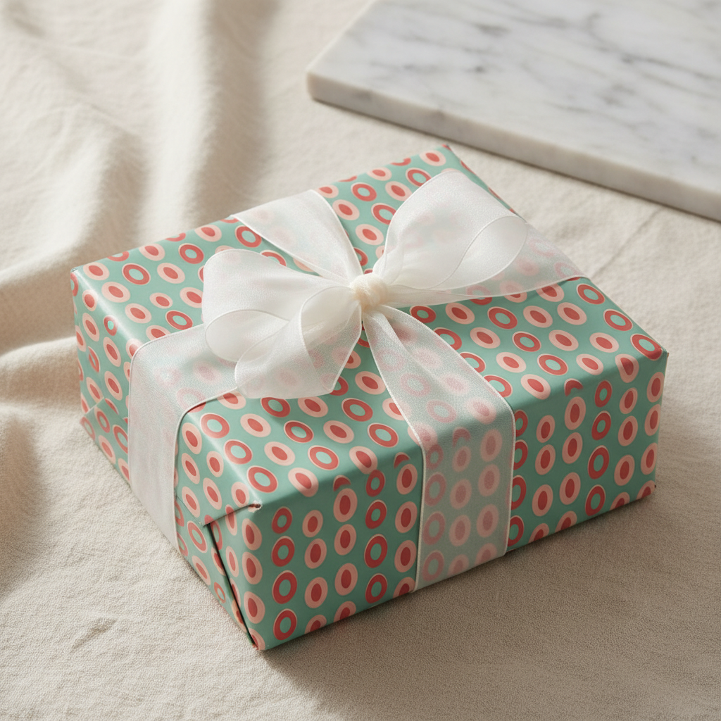 Modern teal and coral geometric pattern wrapping paper with a sheer white ribbon, perfect for birthday or baby shower gifts.