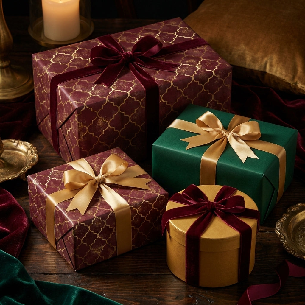 Luxury Christmas wrapping paper in burgundy and gold trellis with velvet ribbons by Wrapped Studios.