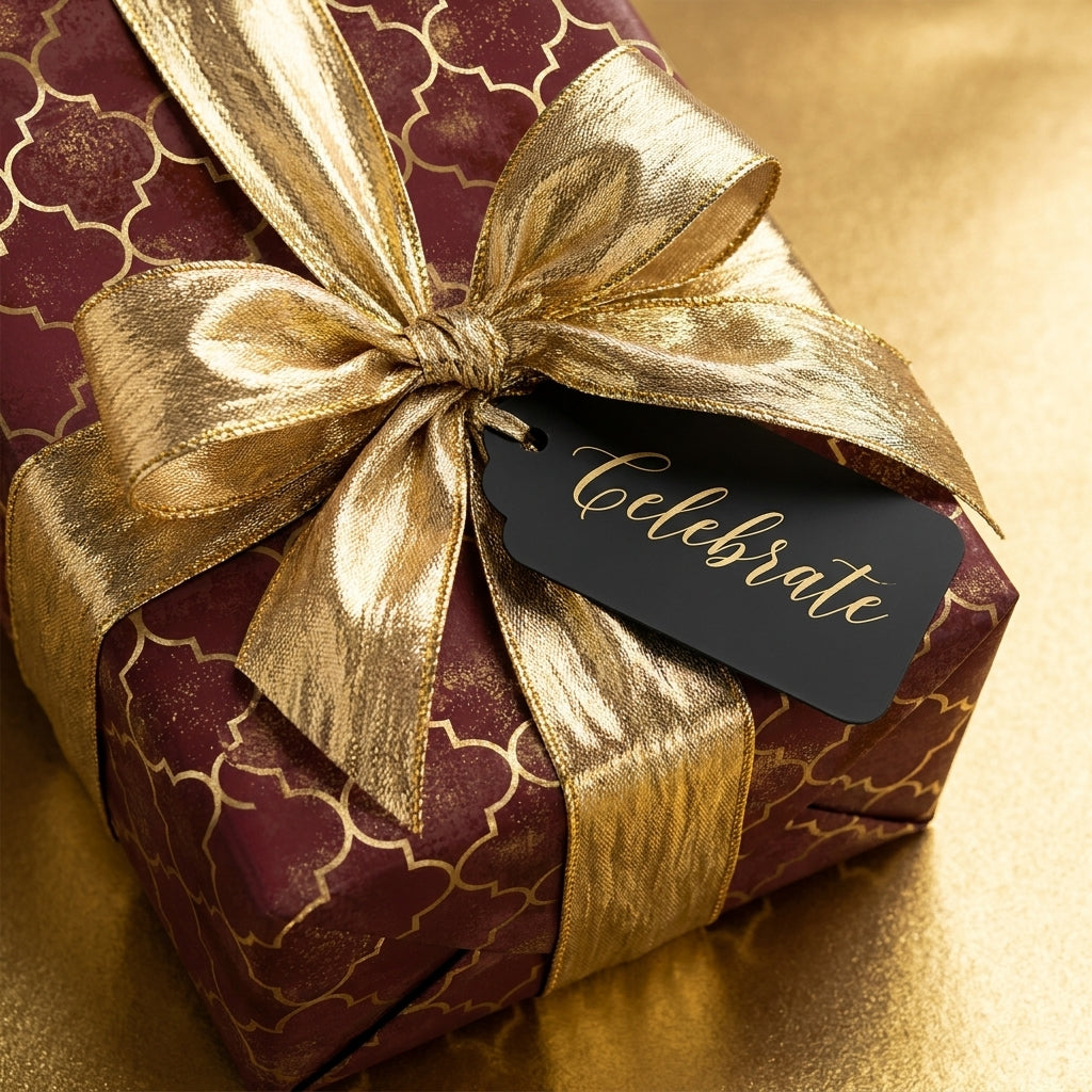 Luxury burgundy and gold gift wrap with a metallic bow and "Celebrate" tag by Wrapped Studios.