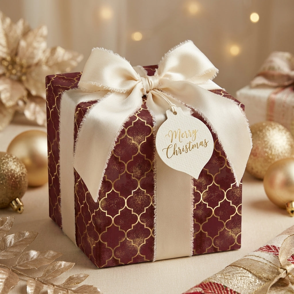 Elegant burgundy and gold Christmas gift wrap with ivory ribbon and Merry Christmas tag. Wrapped Studios.
