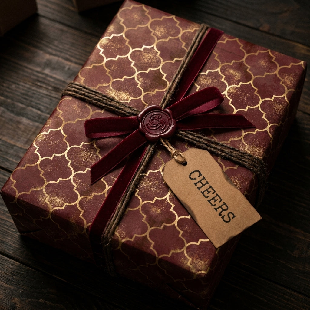 Elegant burgundy and gold luxury gift wrap with a velvet ribbon and Cheers tag by Wrapped Studios.