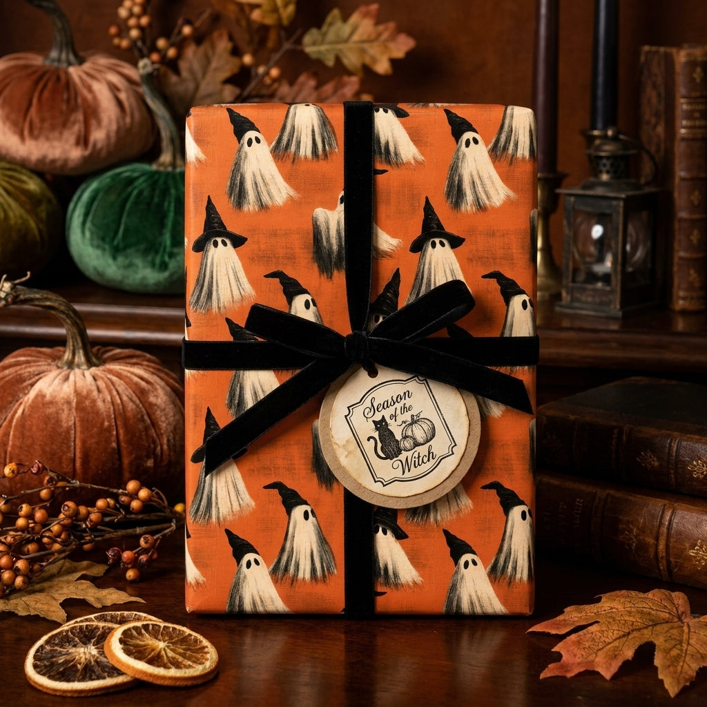 Spooky orange ghost Halloween wrapping paper with a black velvet ribbon by Wrapped Studios.